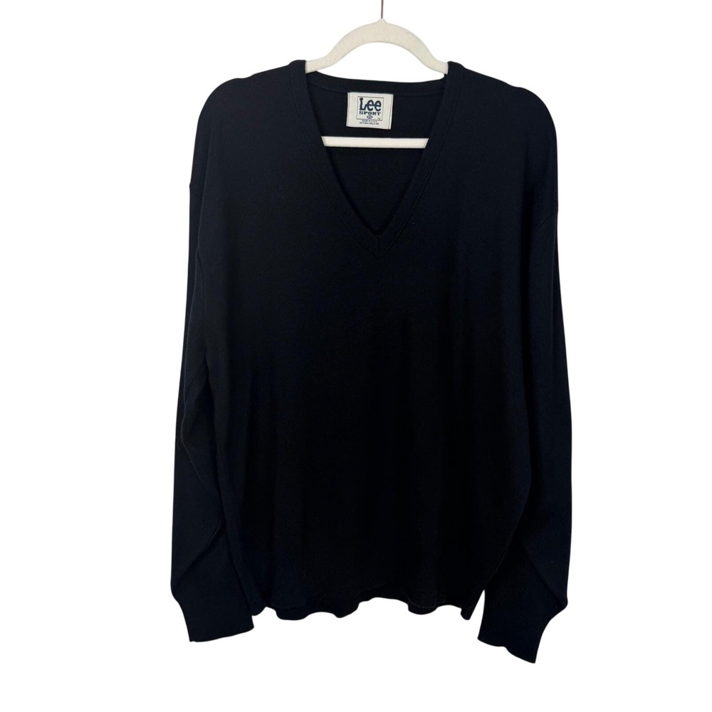 Lee Sport Vtg 90s V-Neck Sweater Mens XL Black Nutmeg Mills USA Made Minimalist